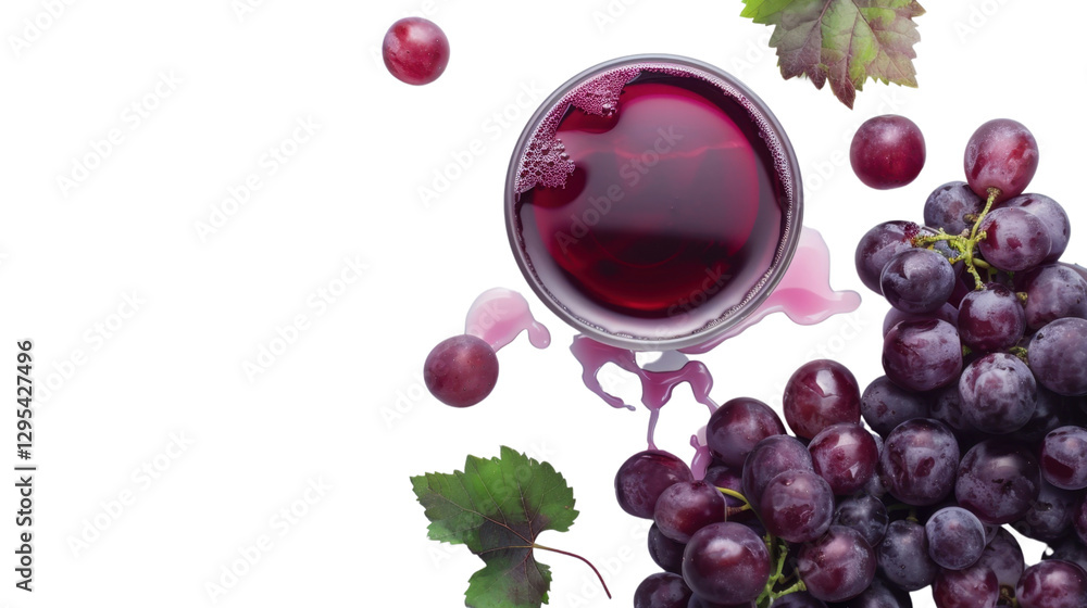 Aufkleber fresh grape juice splashing with ripe grapes and leaves on transparent background