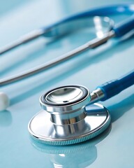 Close up of a stethoscope on a light blue surface.