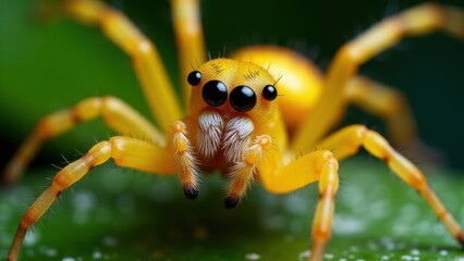 Fototapeta premium Close-up of a barn funnel weaver spider with yellow legs and black eyes on a green background.