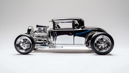 Shiny metal toy car with chrome wheels reflecting light against a white backdrop