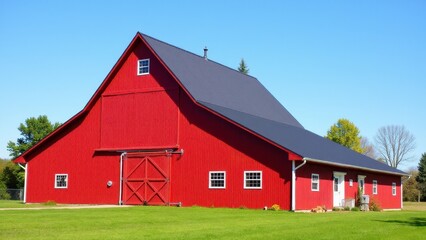 Fototapeta premium A large red barn with a black roof stands prominently against a clear blue sky, surrounded by green grass and trees. The barn roof is steeply pitched and features multiple windows.