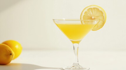 Sunny Lemon Cocktail in Martini Glass on White Background