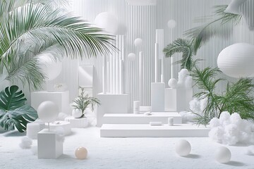 Minimalist white botanical scene featuring product placement for display