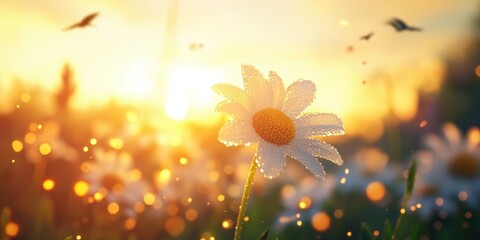 A low-angle perspective through dew-covered daisies, golden sunrise rays piercing misty air, blurred silhouettes of birds flying overhead. Crisp foreground petals, ethereal morning glow. 