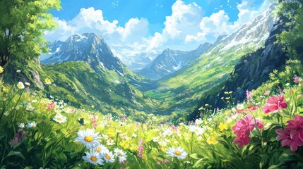 Fototapeta premium Beautiful valley view with vibrant flowers and majestic mountains