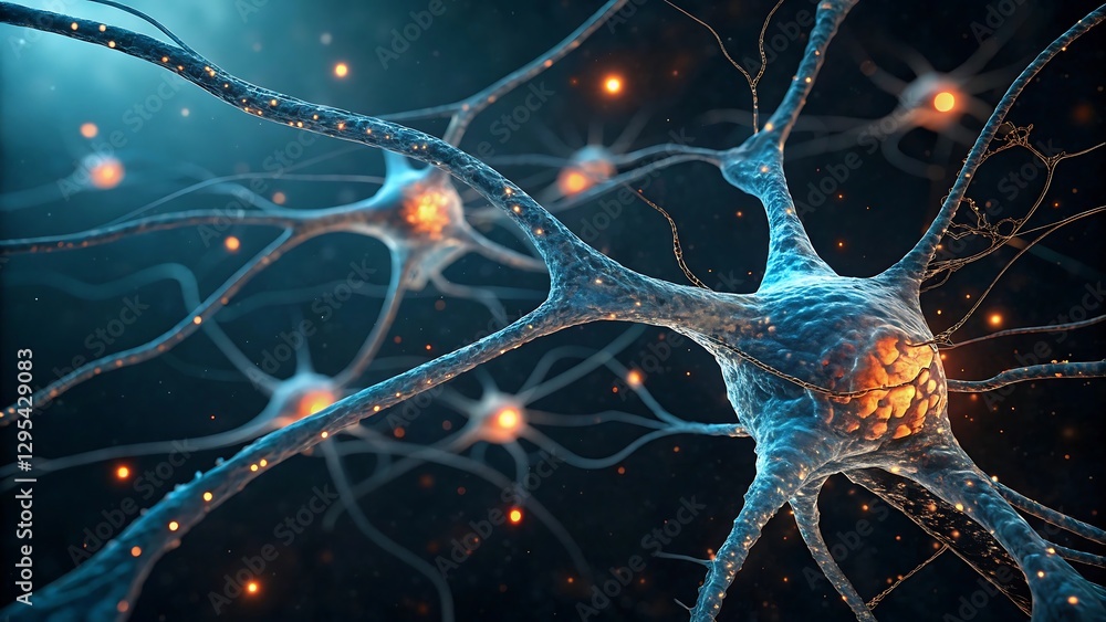 Poster microscopic view of neurons connecting and firing.