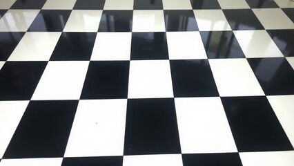 A black and white checkered floor with a glossy finish reflecting light.
