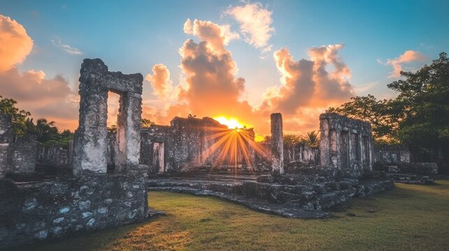 Ancient ruins stand against a vibrant sunset sky background