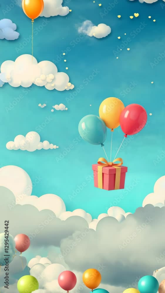 Poster a colorful box with a red ribbon is floating in the sky. there are many balloons in the sky, some of