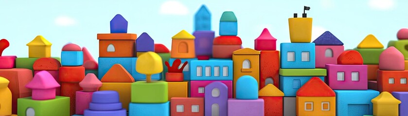 Colorful block city skyline; playful background; kids' education