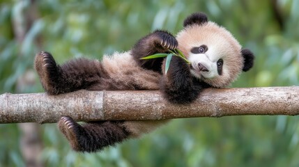 Obraz premium A baby panda bear relaxing on a bamboo branch