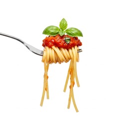 Spaghetti pasta isolated. Spaghetti pasta with tomato and basil on fork isolated on white background. Fine Italian food. Professional studio image