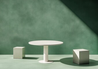 Empty white table and cubes on green studio background