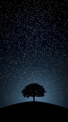 A solitary tree silhouetted under a vast starry night sky