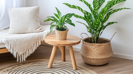 Plants adorn a wooden table in a bright interior space