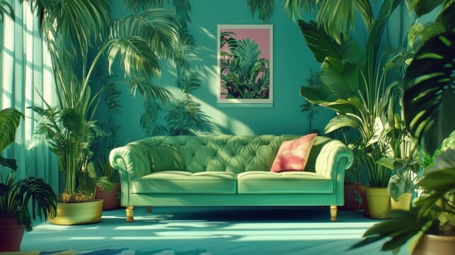 Green velvet couch in a room full of tropical plants
