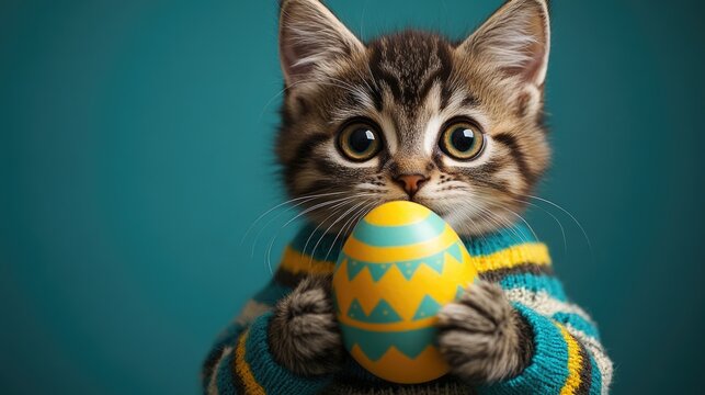 Adorable kitten in striped sweater holding colorful easter egg on turquoise background. Easter, Pascha, Paskha, Ostern, Pascua, Paques - Orthodox and Catholic Holiday celebration