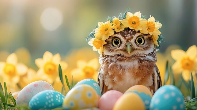 Adorable owl with daffodil crown and colorful easter eggs in spring garden. Easter, Pascha, Paskha, Ostern, Pascua, Paques - Orthodox and Catholic Holiday celebration