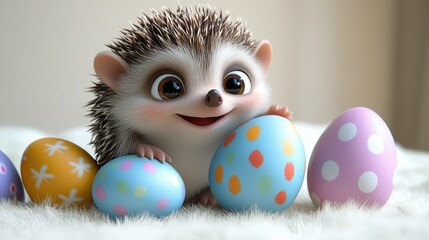 Adorable hedgehog with colorful easter eggs on soft blanket. Easter, Pascha, Paskha, Ostern, Pascua, Paques - Orthodox and Catholic Holiday celebration