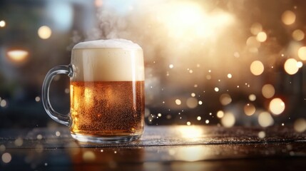 Frothy beer mug with golden bokeh background on a wooden table. Saint Patrick's Day, St Paddy's Day, St Patty's Day - Irish National Holiday and Cultural Celebration