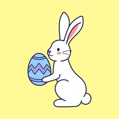 Easter character bunny, rabbit, hare holding painted egg. Vector flat design, outline illustration. Easter character icon, mascot, sticker. Greeting card, Happy Easter concept
