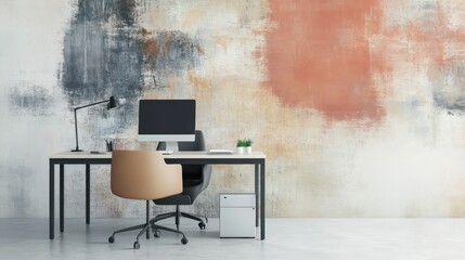 Modern office space with desk chair and abstract backdrop