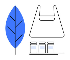 A blue leaf representing nature, a reusable shopping bag outline, and three jars promoting sustainability. Ideal for zero waste, eco-friendly living, environment protection, green choices, recycling
