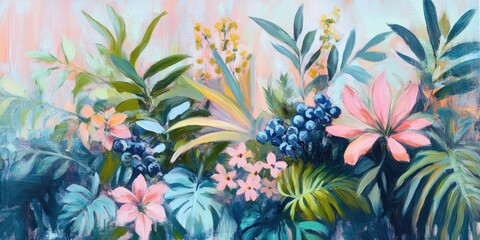 Abstract floral painting in pastel colors, featuring foliage and flowers, created with acrylic paint and hand-painted brush strokes. The artwork has a soft, feminine, and nature-inspired aesthetic