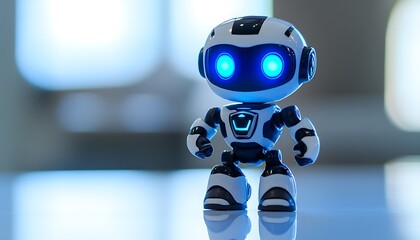 Toy robot with glowing blue eyes standing tall on a white surface reflecting light