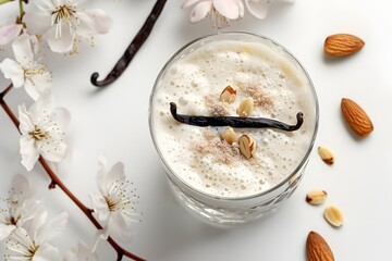 Fototapeta premium Vanilla Whey Protein Smoothie in Modern Glass with Almonds and Vanilla Beans
