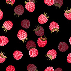 Raspberry seamless pattern with berries on black background