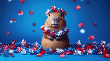 Fototapeta premium Capybara adorned in festive red, white, and blue stars on vibrant blue background. Independence Day, Fourth of July, July 4th - American Freedom Celebration, US National Holiday USA