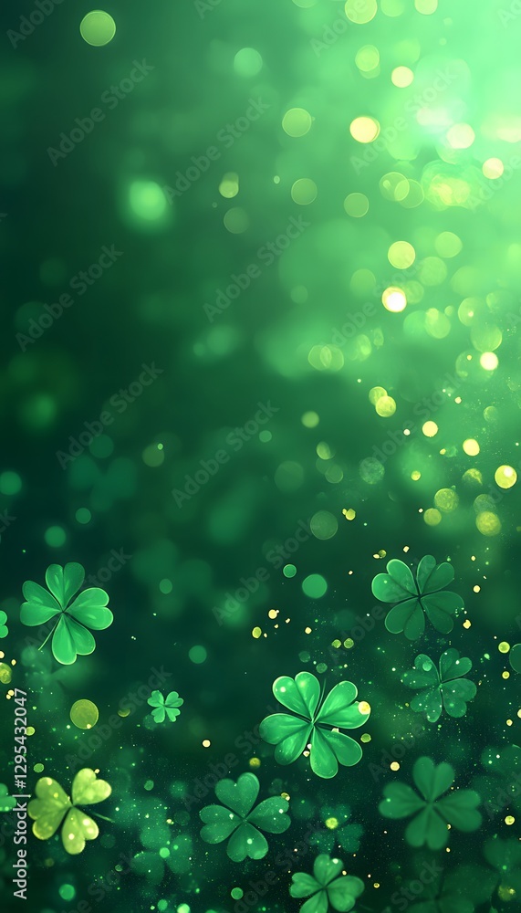 Aufkleber green background features many clovers and shiny bokeh elements
