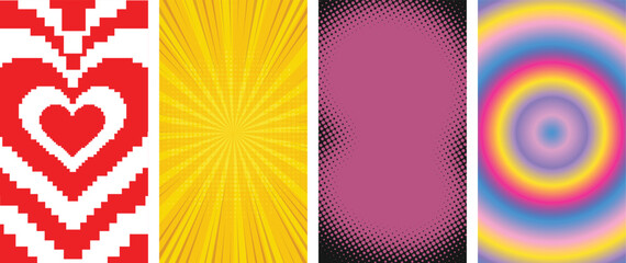 Set Of comic,halftone,pixel heart,Colorful gradient Backgrounds. Lovely Vibes Posters Design. Trendy Y2K Illustration.	
