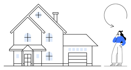 A two-story house with garage, four windows, and a woman holding notes in deep thought. Ideal for real estate, home buying, architecture, planning, decision making, residential life abstract line