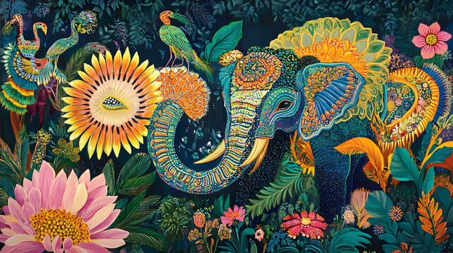 collection of traditional Thai paintings, showcasing bright colors and detailed depictions of nature and animals 