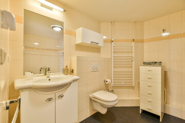 A bright and spacious modern bathroom featuring sleek fixtures, a vanity sink, and stylish storage options that harmonize functionality with contemporary aesthetics.