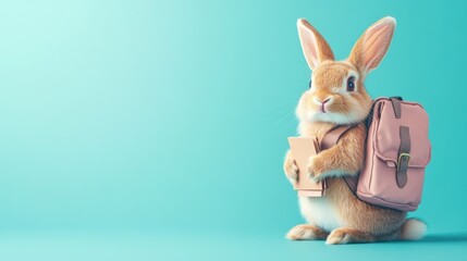 Obraz premium Cute bunny with backpack holding book against teal background. Easter, Pascha, Paskha, Ostern, Pascua, Paques - Orthodox and Catholic Holiday celebration