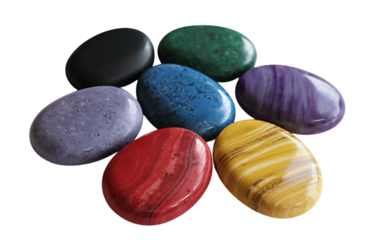 Seven smooth, oval shaped gemstones in various colors are arranged on transparent background . Shades include purple, blue, red, yellow, green, black and lavender. They appear polished and smooth.