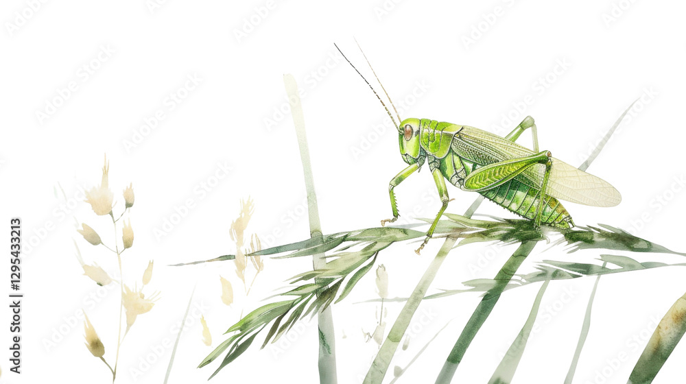 Poster large green grasshopper resting on blades of grass with transparent background