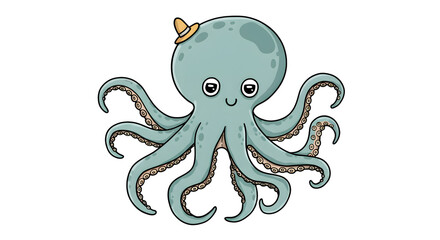 Cartoon Octopus Wearing Small Hat Illustration on Isolated White Background
