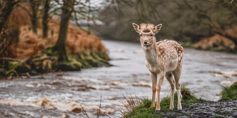 Fototapeta premium A deer stands in a forest by a river. Anime background Minimalistic Photo