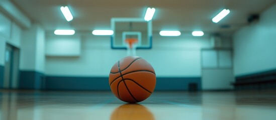 Fototapeta premium Basketball on Gym Floor with Blurred Hoop Background