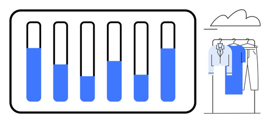 Bar graph with each bar partially filled with blue color and clothing items on hangers. Ideal for data analytics, business reports, wardrobe management, organization, statistics, presentations