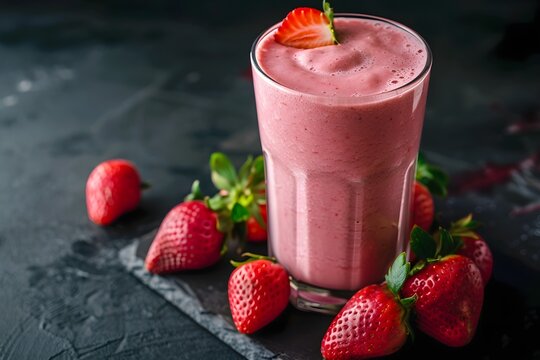 Vibrant Strawberry Whey Protein Smoothie in Tall Glass, Fresh and Creamy Texture