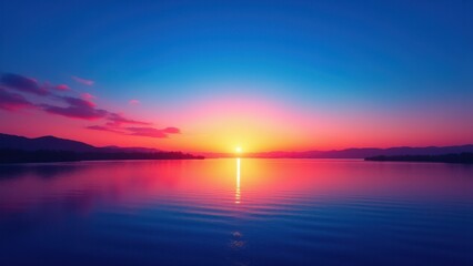 Fototapeta premium A stunning blue sunset over a calm lake with vibrant colors reflecting on the water.