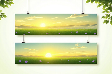 two banners with green grass and flowers at sunset