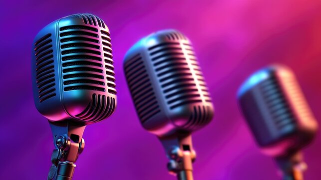 Four vintage style microphones on colorful gradient background in concert setting