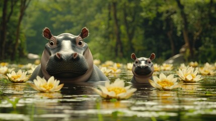 Mother and baby hippo sitting among water lilies in tranquil jungle pond. Mother's Day, Mothering Sunday, Dia de la Madre - Global Maternal Celebration, Worldwide Family Holiday
