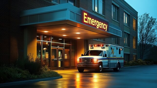 A large rural hospital building with an "Emergency" sign, glowing against the dark night sky, with a lone ambulance parked under the building's overhang. - Powered by Adobe